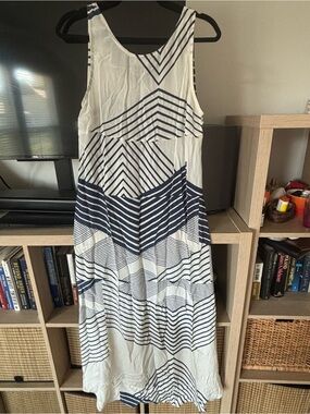 Myne Navy and White Geometric Stripe Maxi Dress SILK